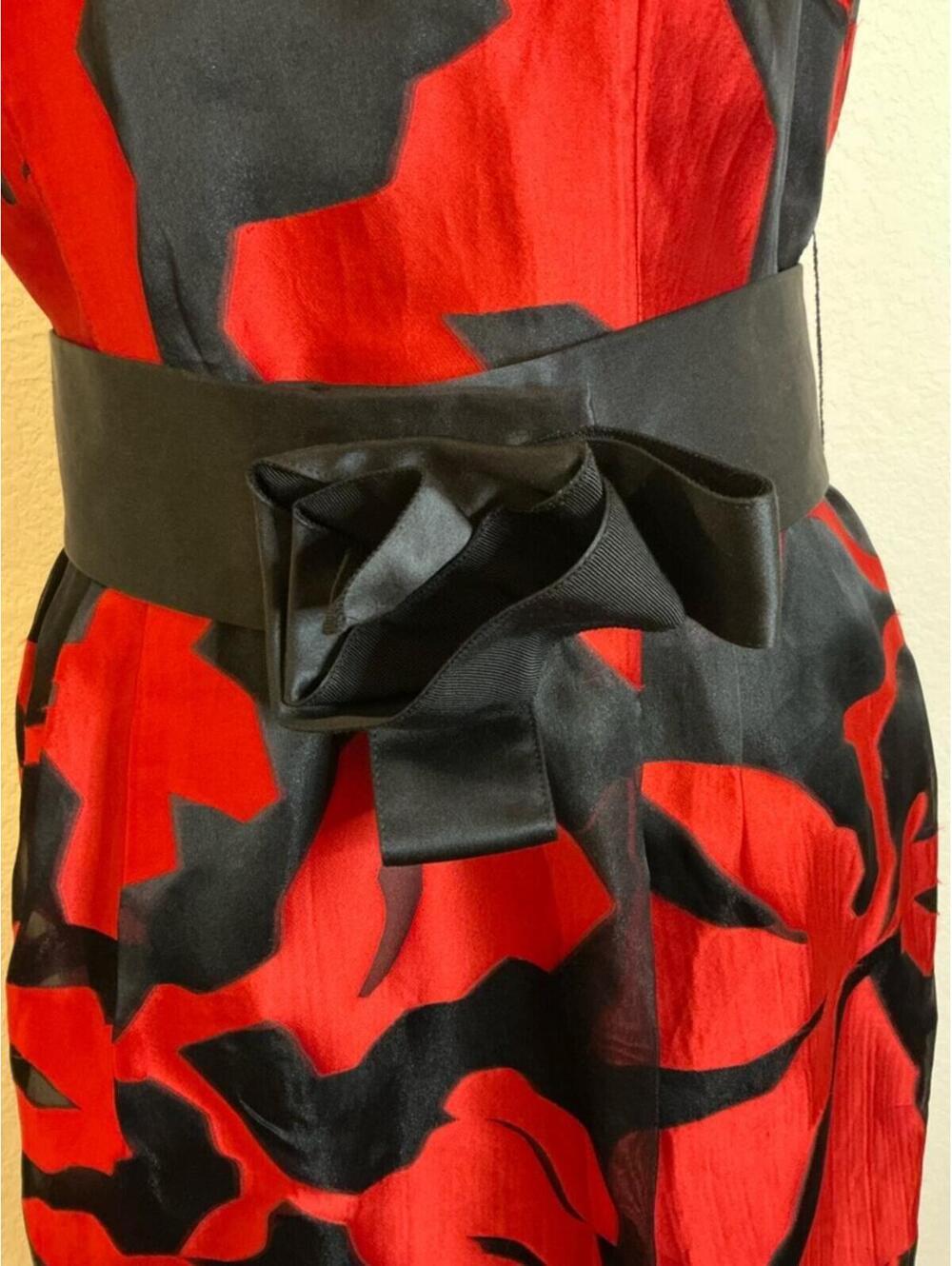 Per Se Carlisle Red Black Floral Sheath Dress Belted Sleeveless Silk Blend - Picture 4 of 5